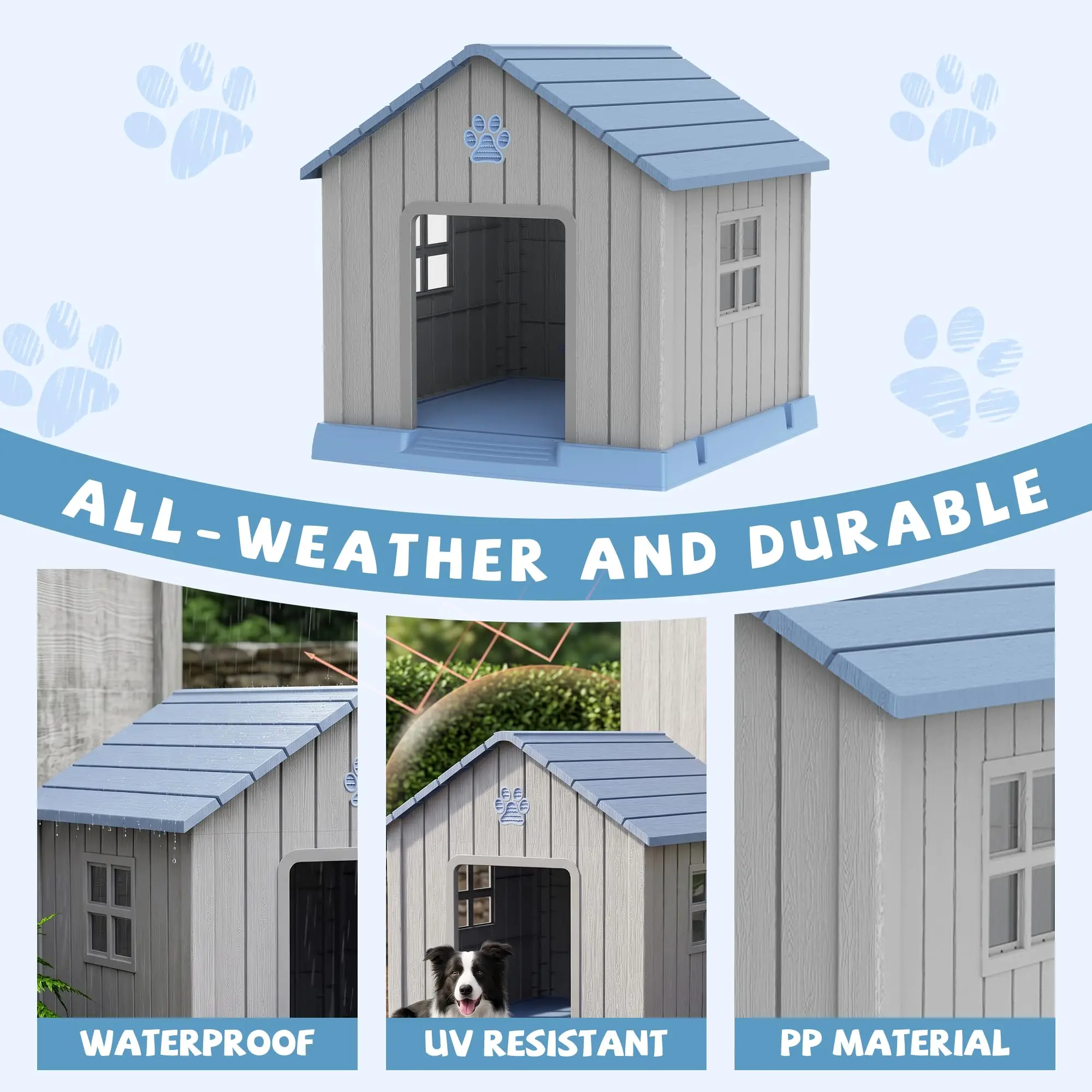 41 Inch Large Dog House Outdoor with Windows, XL,Blue