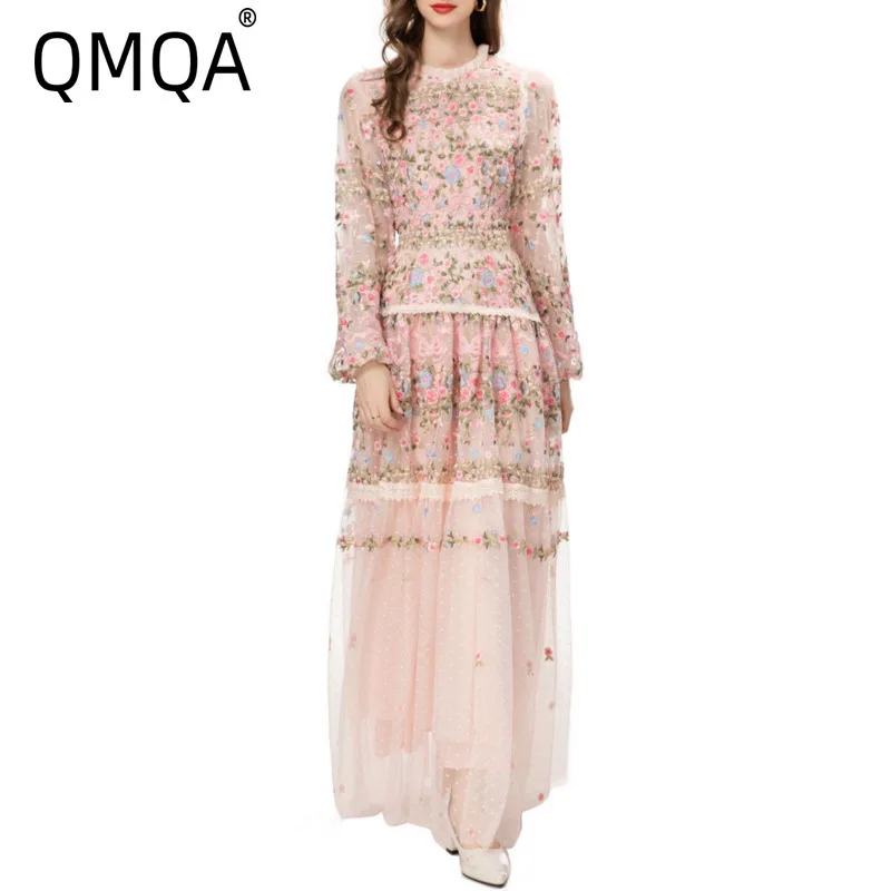 QMQA Fashion Women's Embroidery Dresses Round Neck High Waist Bow Mesh Spliced Long Sleeve Elegant Dress Female 2024 1A102