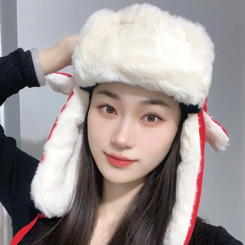 Women's Winter Hat With Earflaps 2024 Ushanka Outdoor Thicken Warm Faux Fur Hats Bomber Cap Plush Russian Trapper Hat Red