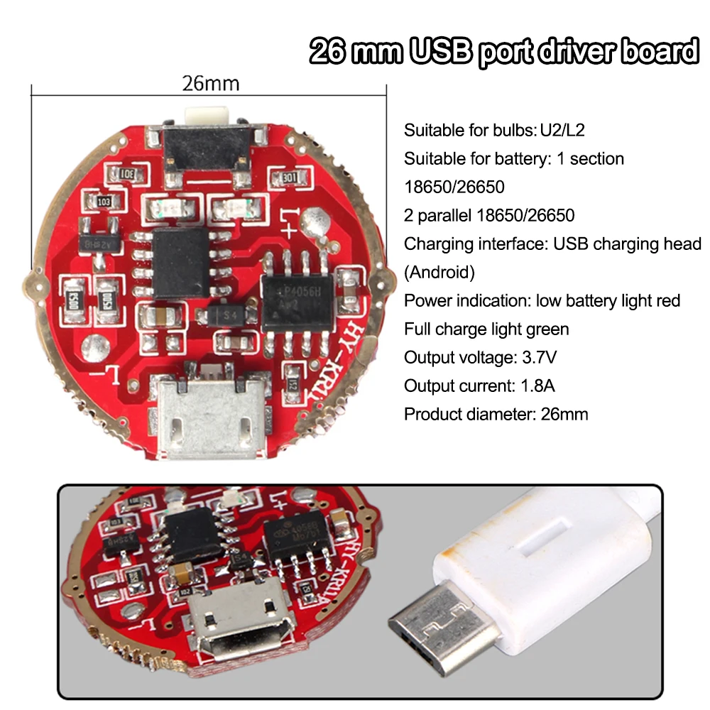 Linterna con placa de controlador de carga USB28, 25mm, 26mm, 28mm, placa de circuito de fuente de alimentación, Bombilla U2/L2, batería 18650/26650