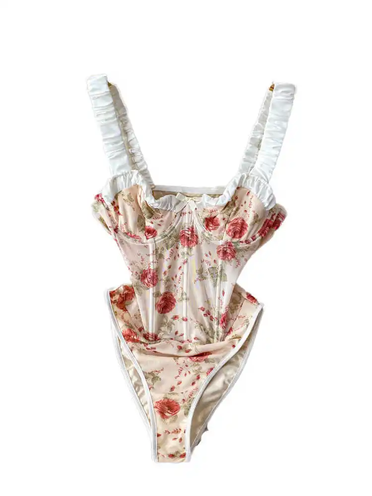 Women's Playsuits Vintage Overall Off Shoulder Skinny Flower Print Jumpsuits Exotic Sexy Rompers Coquette Clothing 2025 Summer