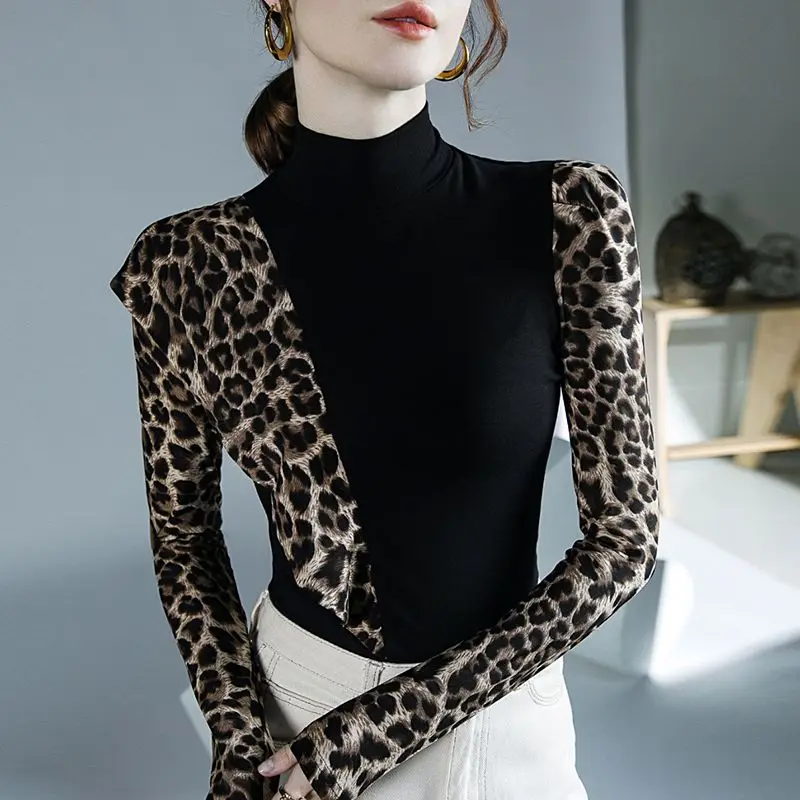 Leopard Printing Patchwork Y2K Bottoming Shirt Spring Autumn New Long Sleeve Slim Elegant Tops Vintage Fashion Women Clothing