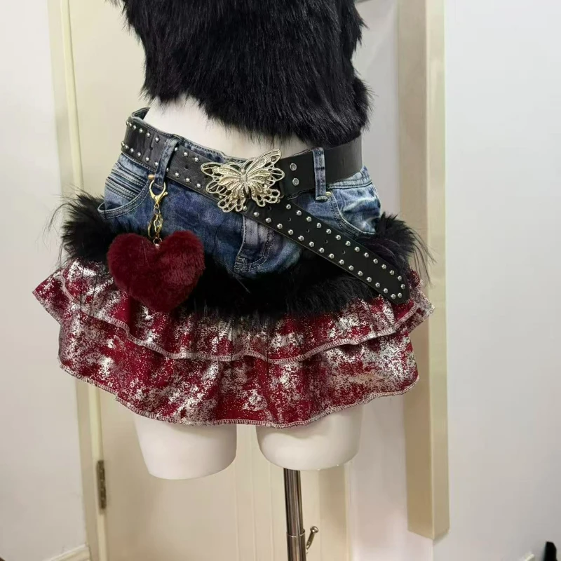 Japanese Harajuku Fashion Lolita Denim Skirt Women Vintage Sweet Plush Patchwork Ruffles Mini Skirts Female Cute JK Short Skirts