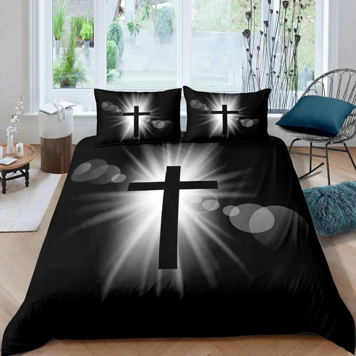 Christian Cross Jesus Duvet Cover Set Faith Over Fear Bedding Set 3D All Over Religion Comforter Cover Set Quilt Cover King Size