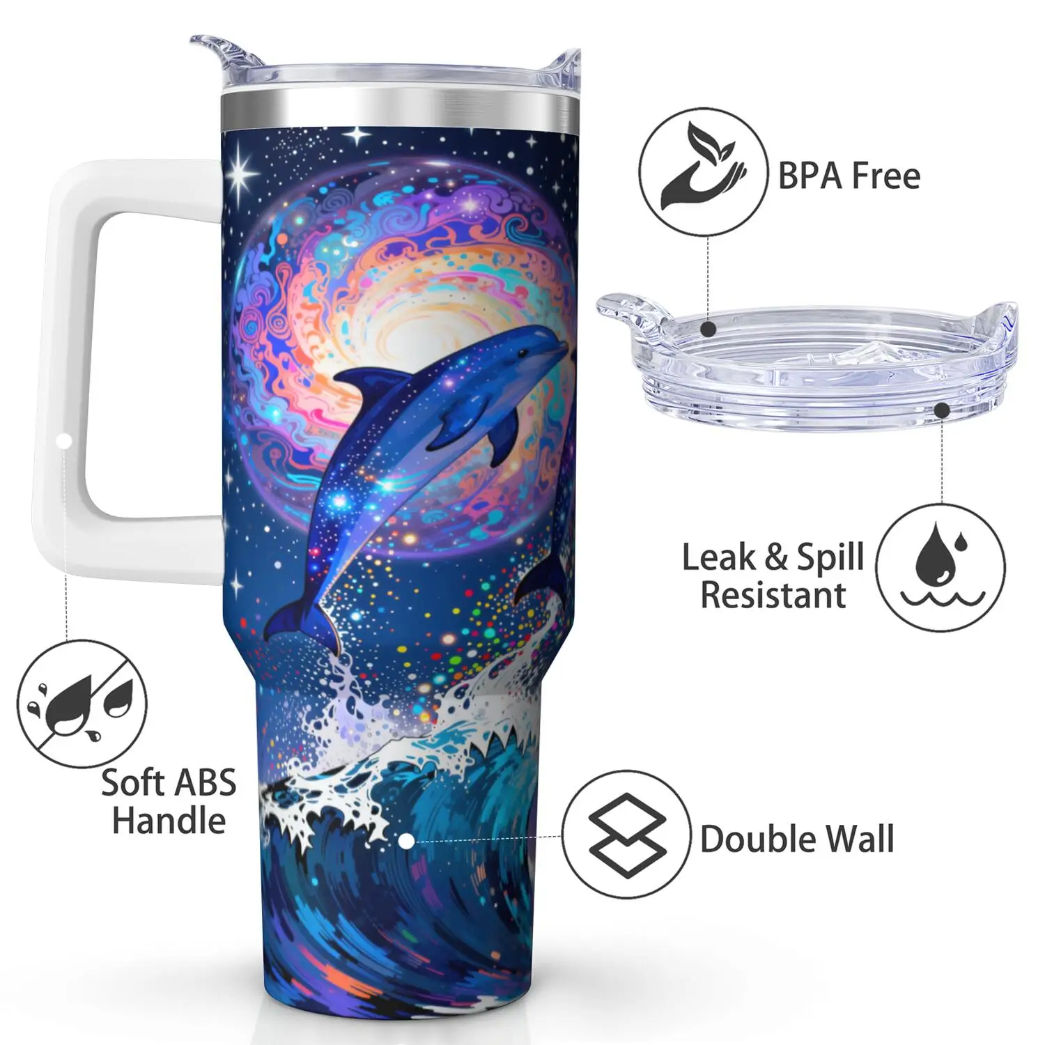 Dolphin Handle Cup Set with Straw, Maximum Capacity 40oz, Inner Layer 304 Stainless Steel, Outer Layer 201 Stainless Steel, Seamless Inner Liner, Lid Made of PC Material, Suitable for Home, Office, Outdoor, Sports, and Car Use