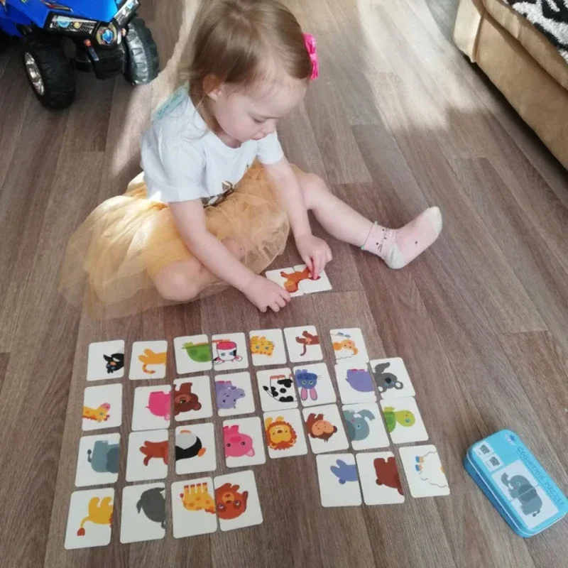 Jeu de cartes de puzzle pour enfants, jeu d'association, fruits, vie animale, boîte en fer, jouets pour tout-petits, bébé leone nitive