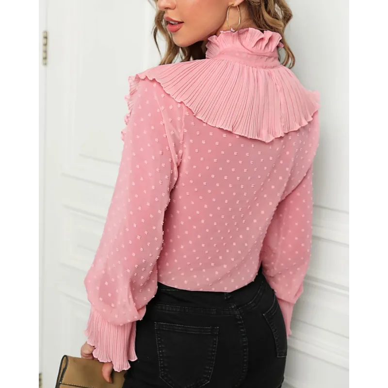 2024 Spring Summer New Solid Color Women\'s V-neck Pleated Long Sleeve Shirt Ruffle Top Shirt Blouse Tops