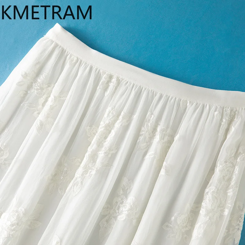 KMETRAM 100% Real Mulberry Silk Women's Skirts White Sequin Embroidery Midi Skirt Elegant Summer Skirts 2026 Woman Clothes юбка