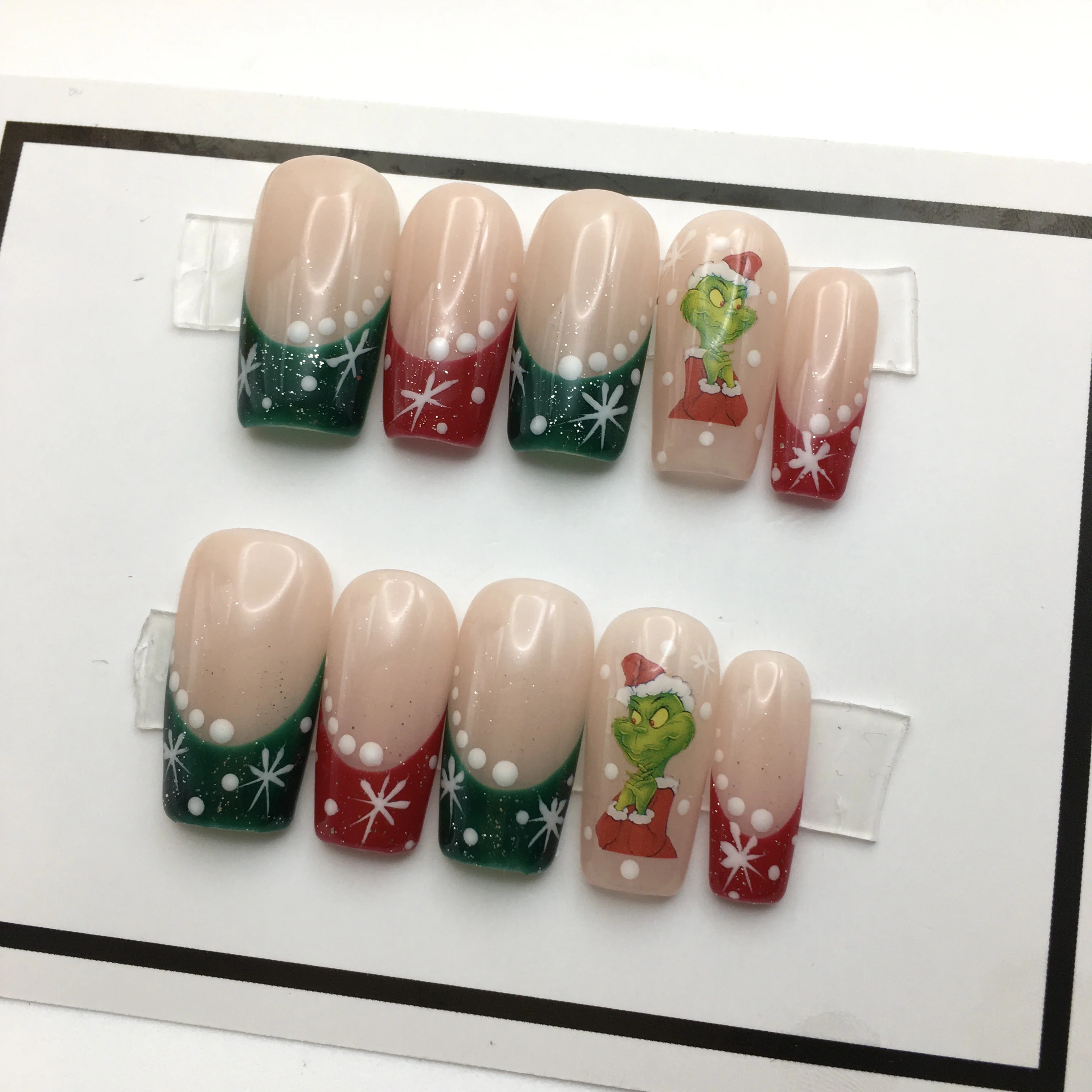 2024 New Grinch  Pretty Red And Green Artificial Fingernail Handmade Christmas Pressed On Nails Collections