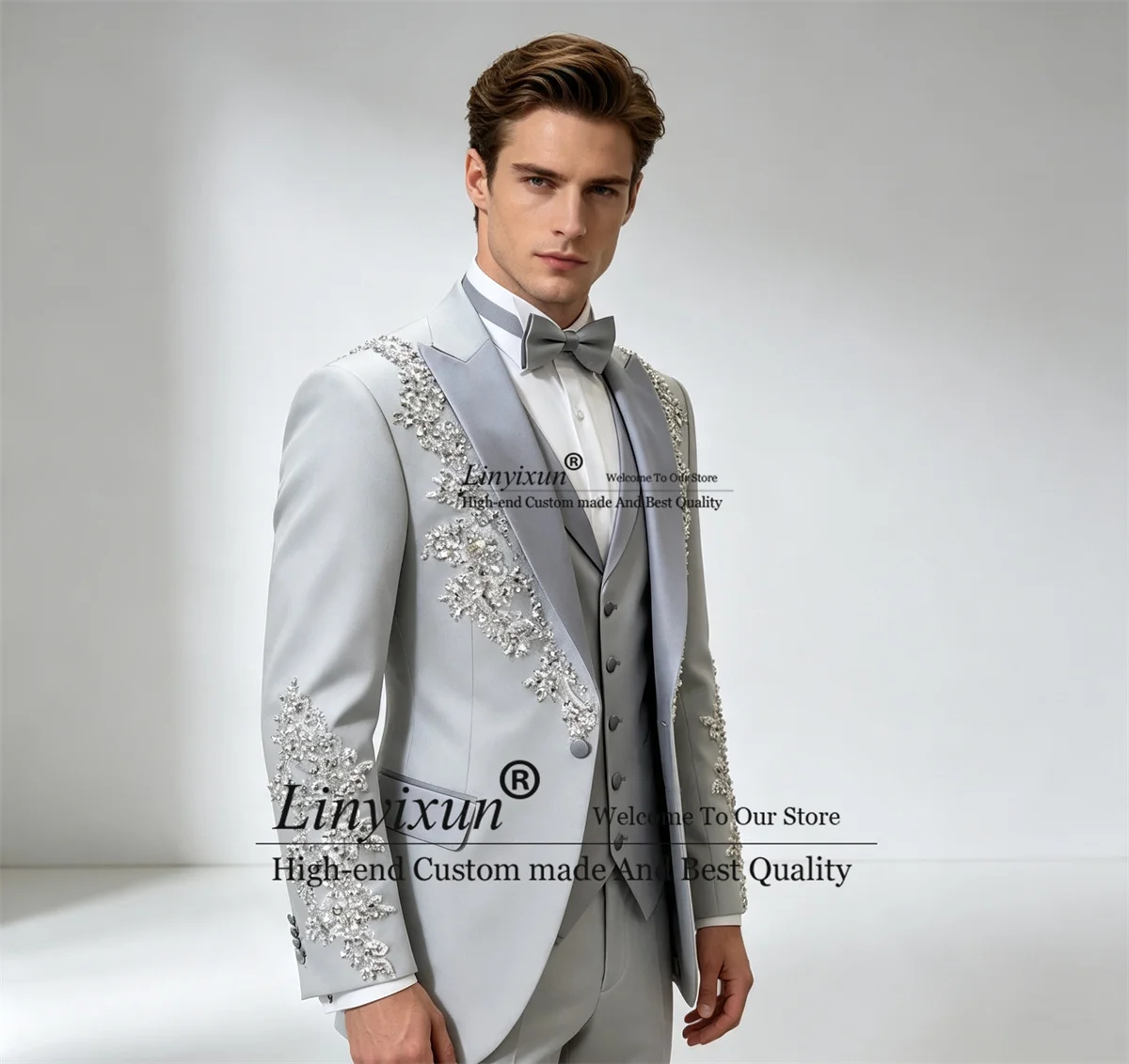 Customized Appliques Jewelry Men Suit 3 Pieces Set Wedding Party ropa hombre Shiny Beads Diamond Groom Party Male Prom Blazers