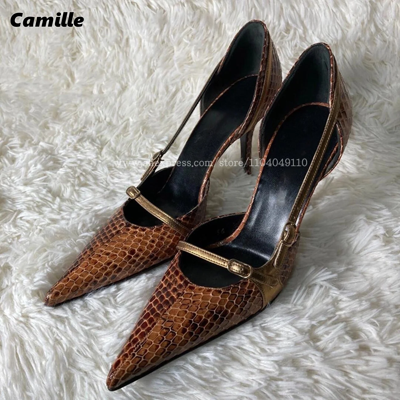 

Retro Brown Snake Pattern Buckle Strap Shallow Pumps Pointed toe Luxyry Sexy Lady Pumps Size 35-39 Side Empty Casual Pumps