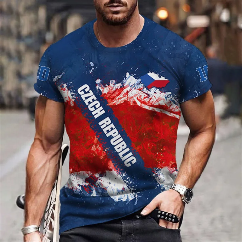Full Print Czech Republic Flag Graphic T Shirt For Men Summer Casual Short Sleeve Tee Shirts Men's Crew Neck Oversized T-Shirt
