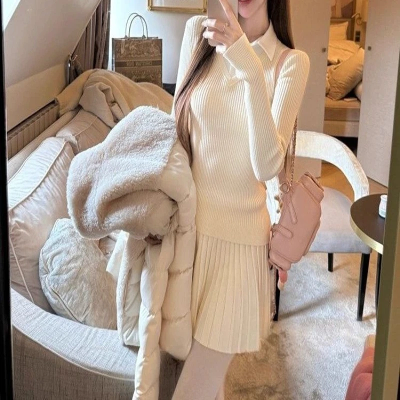 Fake Two Piece Knitted Sweater Slim Fit, Versatile and High-end Design Sense for Early Autumn and Winter, Complete Set