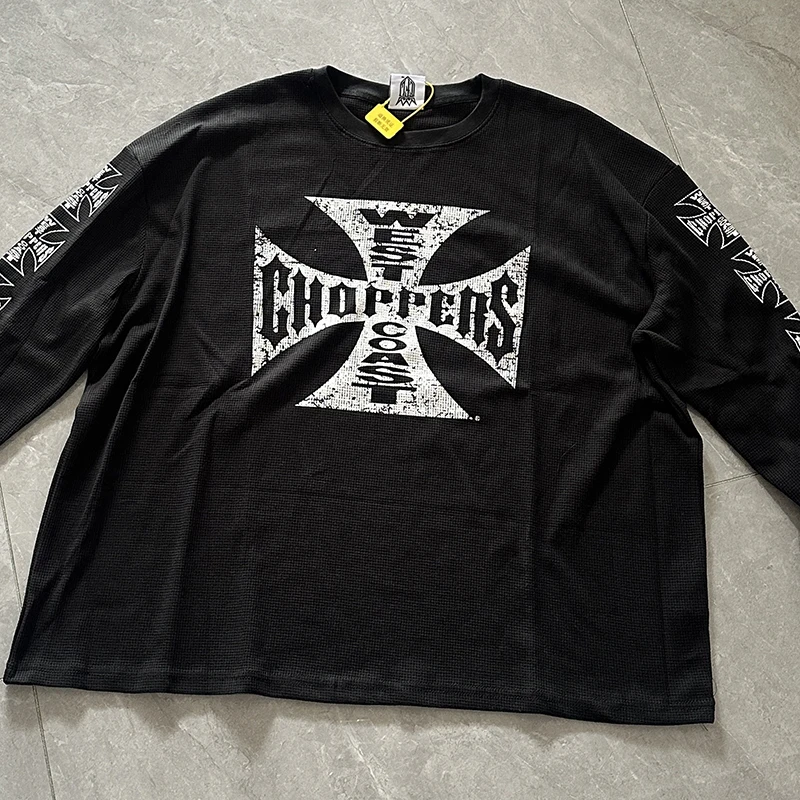 West Coast Choppers long sleeve t shirts Men's Top Vintage Black Cross Print American High Street Waffle Sanskrit Long Sleeve