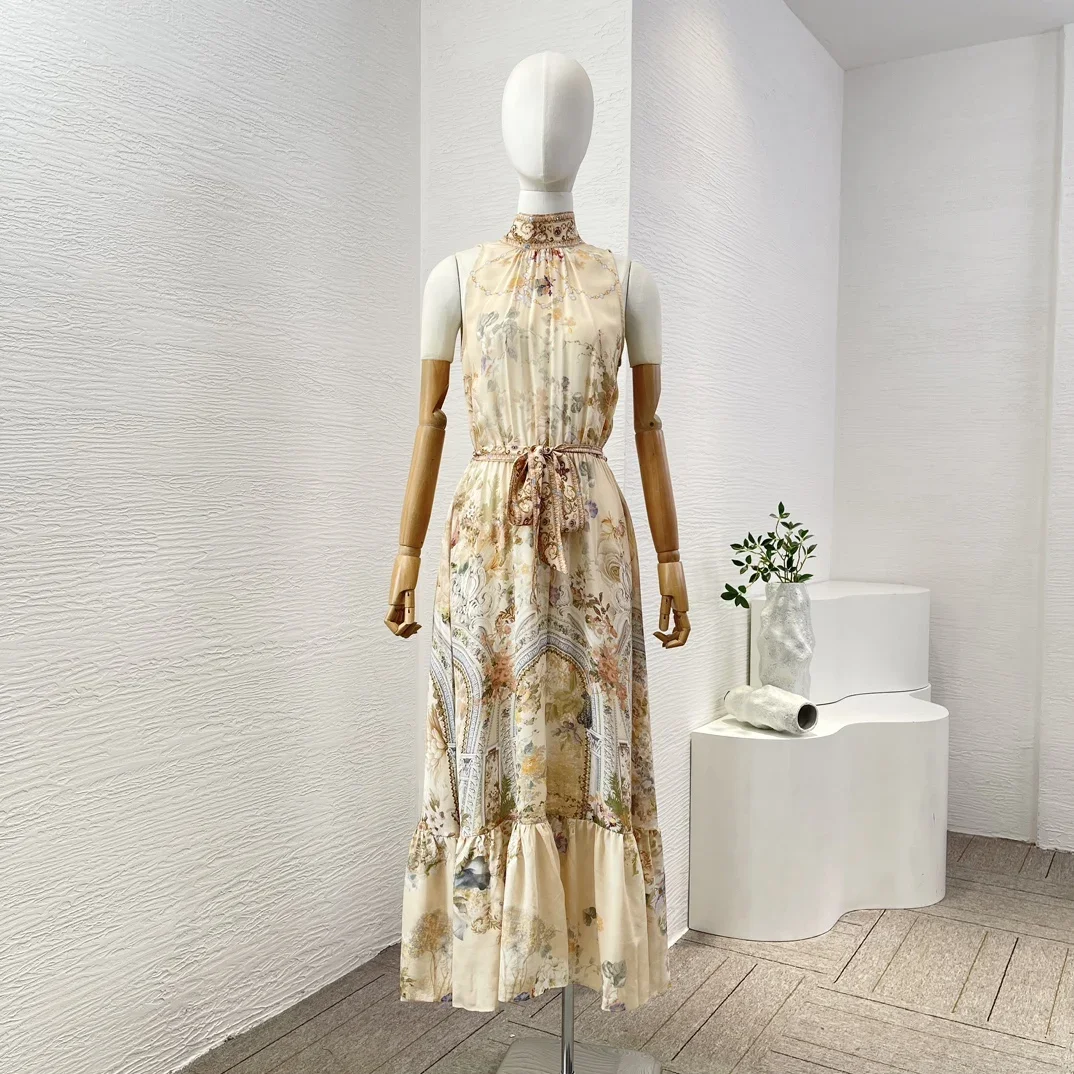 Elegant Women's High Quality Beige Floral Print Sleeveless Stand Collar Diamonds Midi Dress Self Bow Tie At Waist 2024 New