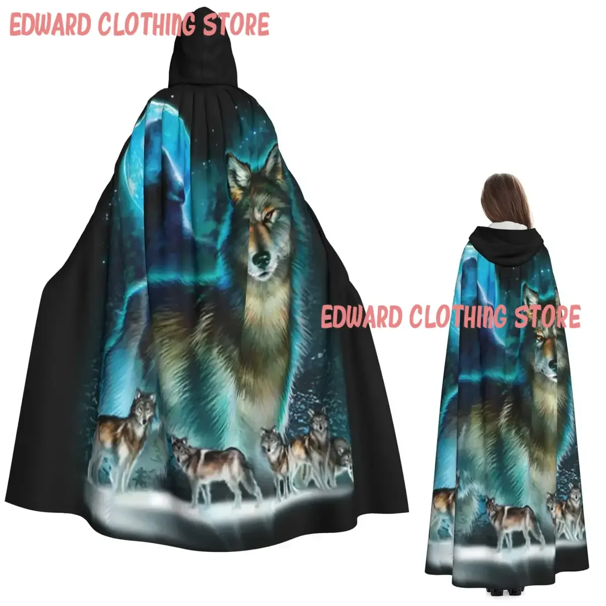 Wolf Howling In Moonlight Moon Long Hooded Cloak Witch Medieval Costume Cosplay Cape HalloweenParty Adult Unisex
