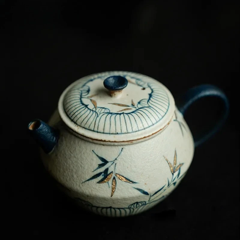 Blue And White Flint Red Teapot Aesthetic Gold Drawing Bamboo Tea Infuser Pot Gaiwan Tea Making Kettle With Filter Tea Ceremony