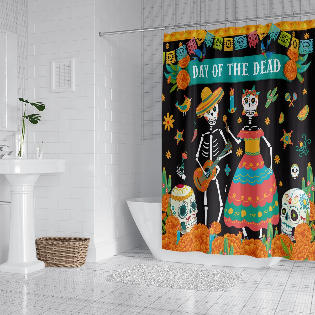 1PC Mexican Day of the Dead Pattern Printing Shower Curtain With 12 Hooks 71x71 In,Machine Washable - Perfect For Home & Hotel