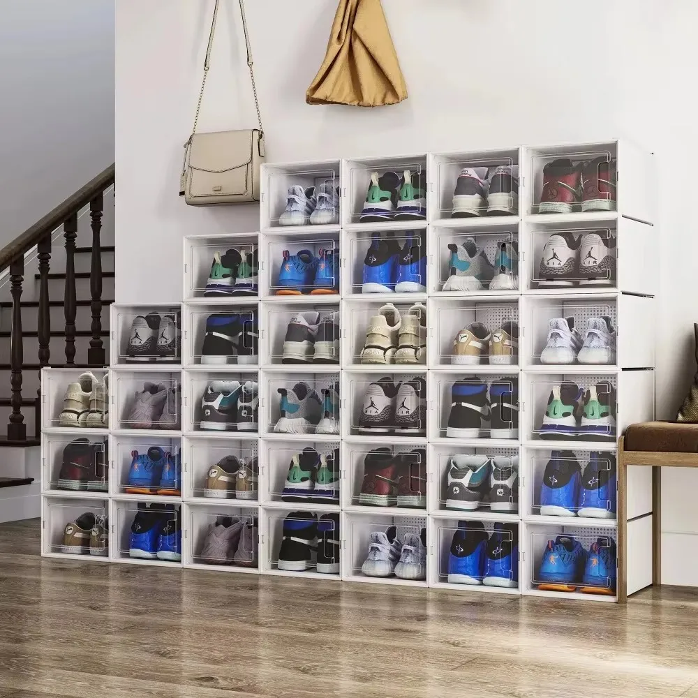 12PCS High-capacity Shoe Storage Box, Transparent Plastic Stackable Shoe Storage Box with Drawers and Lid Shoe Rack