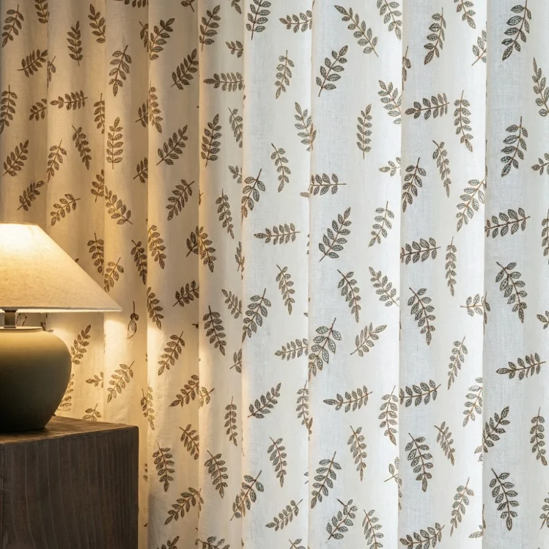 Imitation Hemp Leaf Printed Curtains with Antique Style Semi Blackout Pole Piercing Gauze Curtains