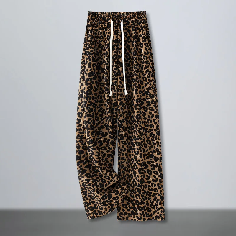

Trendy Leopard Print Wide-Leg Pants for Women, Autumn New Elastic Waist Drawstring High-Waist Draped Floor-Length Casual Pants