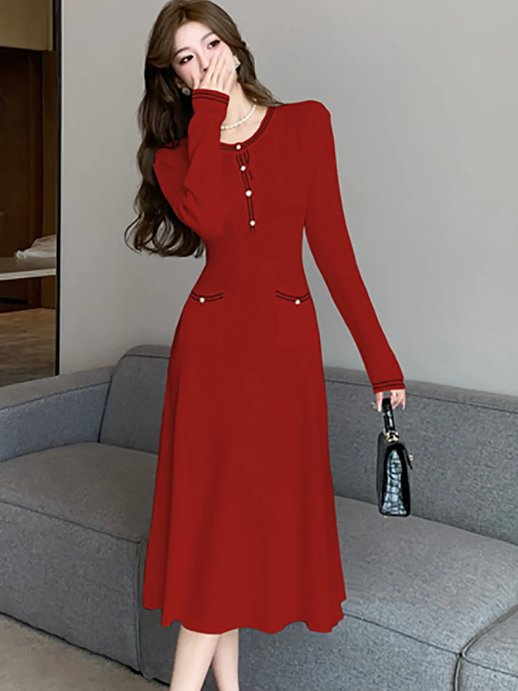 Red Knitted Chic Diamonds Elegant Ruffled Long Dress for Ladies Autumn Winter Thick Warm Sweater Dress 2024 Elegant Party Dress