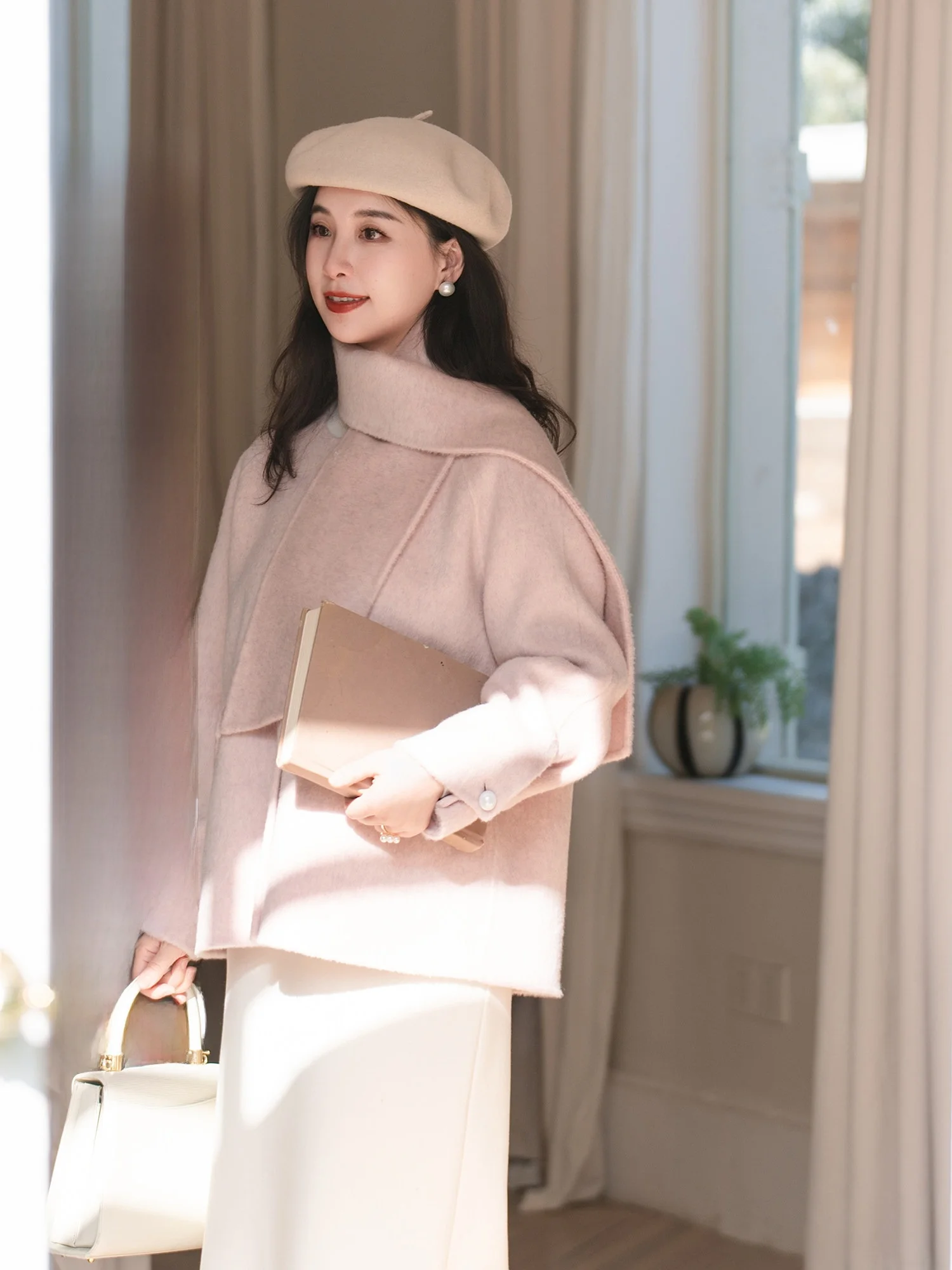 

Двустороннее шерстяное пальто Apipedr с отстегивающимся воротником-шарфом, цвет персикового цветка, розовое, женская верхняя одежда