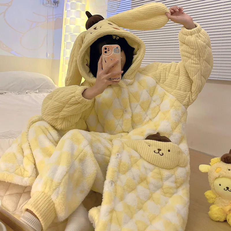 2 pezzi Kawaii Sanrio pigiama Anime Cartoon Pompompurin Kuromi Cinnamoroll tre strati di ispessimento pigiama con cappuccio vestiti per la casa