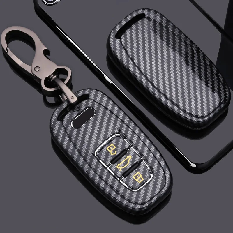 Carbon Car Key Case Fob For Audi A6 A4 A5 A7 A8 C8 Q8 8S 8W Q7 B9 4M S5 S4 S7 D5 TT TTS TFSI E-Tron Keychain Suede Accessories