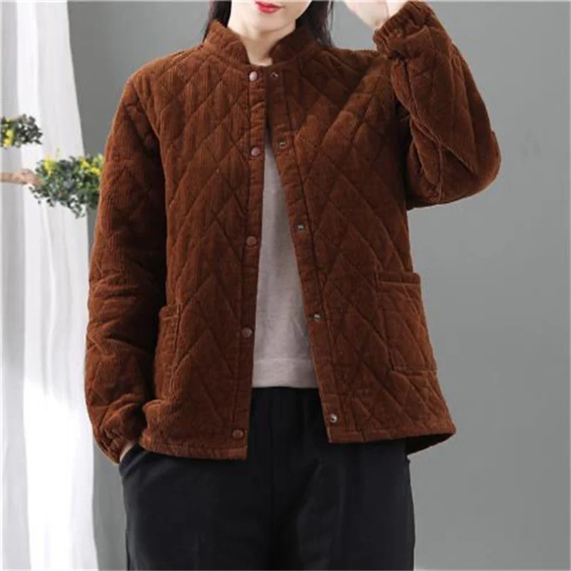 Autumn Winter Corduroy Cotton Padded Jacket Women Retro Loose Stand Collar Cotton-padded Jacket Female Diamond Plaid Short Coat