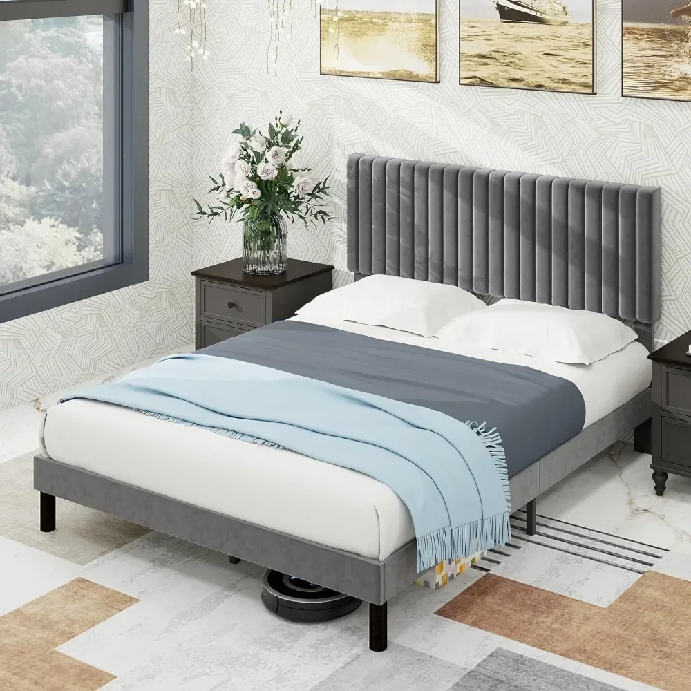 

#For Queen-size Bed Frame, Velvet Upholstered Platform with Headboard, Easy To Assemble, No Springs, with Wooden Slats, Dark Gre