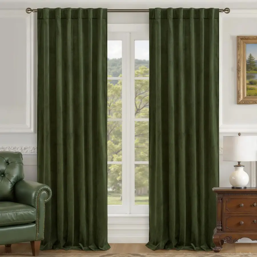 

90 Inches Velvet Curtains for Living Room, Olive Green Thermal Insulated Blackout Curtains Luxury Room Darkening Back Tab and Ro