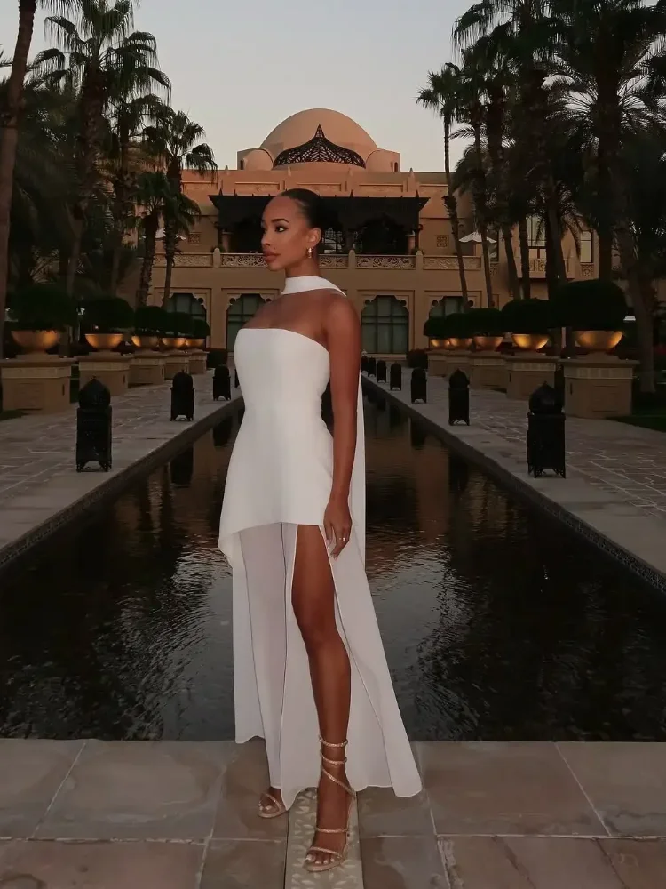 Abito lungo patchwork in rete con nastro senza spalline alla moda Abito lungo elegante senza maniche senza schienale per le vacanze Nuovi abiti da spiaggia da donna