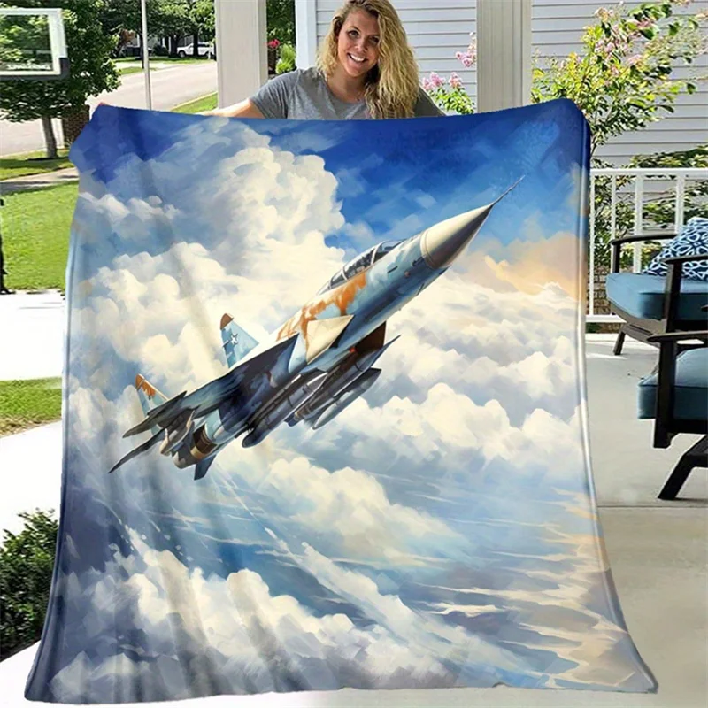 Cool Military Combat Jet Aircraft Soaring Through Cloudy Sky Pattern Flannel Fleece Blanket Warm Plush Bed Throw for Living Room
