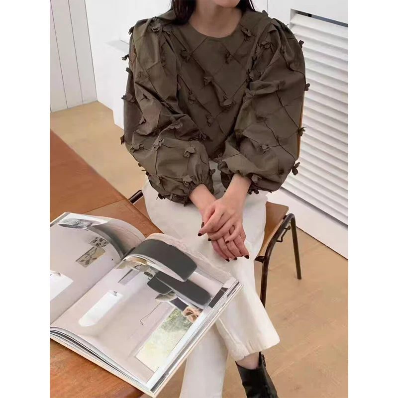 

Spring 2026 Women's Bubble Sleeve Shirt round Neck Floral Pattern High Waist Casual Style Breathable Polyester Short Length