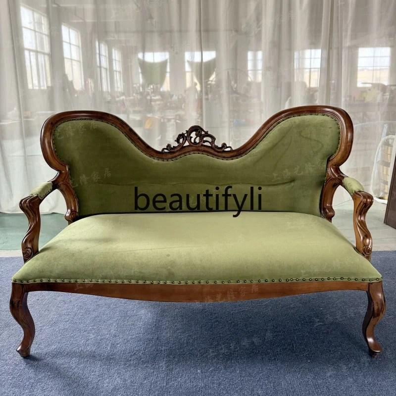 

A16 American solid wood sofa fabric carving old double three-person European court style light luxury sofa
