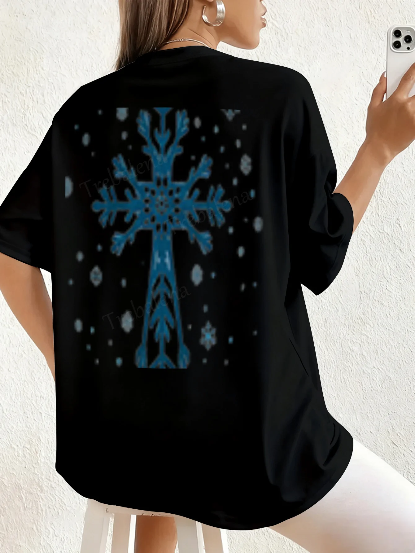 T-shirt da donna T-shirt da donna con stampa fiocco di neve blu, top alla moda invernale