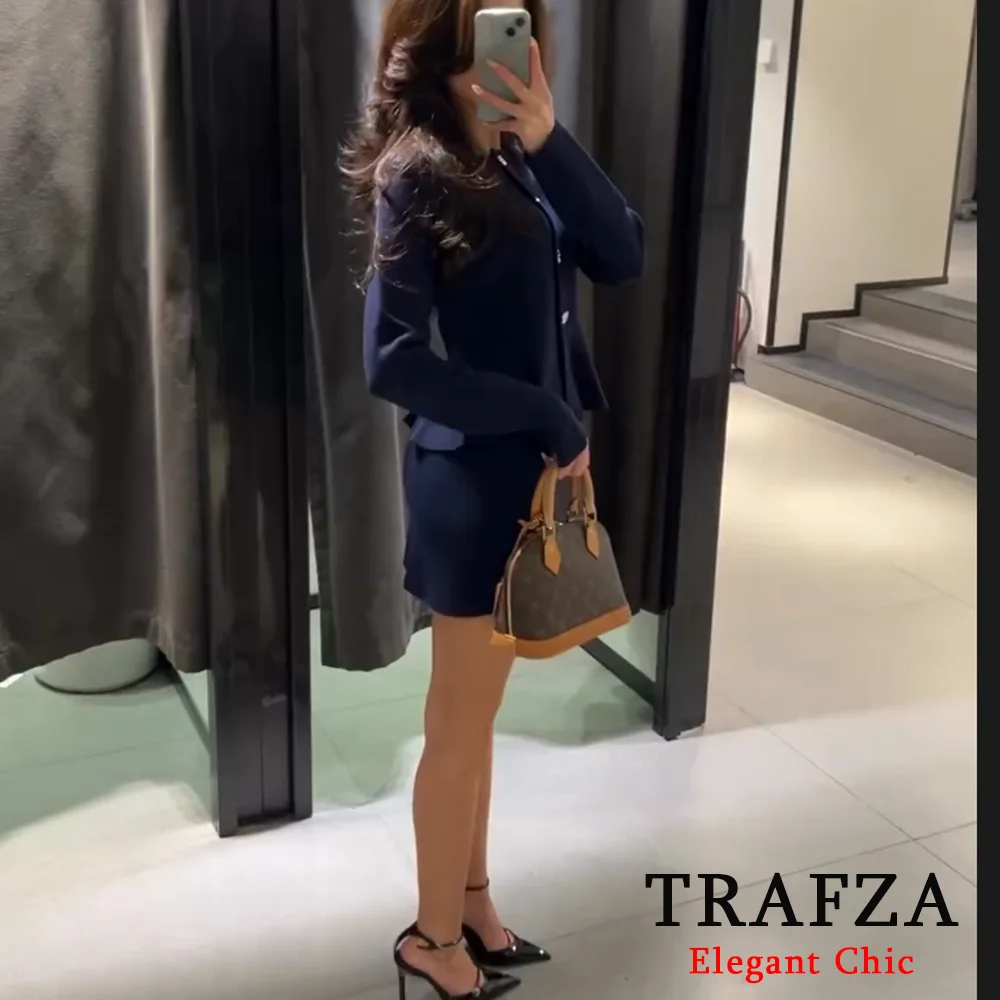 TRAFZA-Women Elegant Navy Blue Skirt Set Sweater+Skirt New 2024 Spring Fall Fashion Office Lady Minimalism Skirt Set