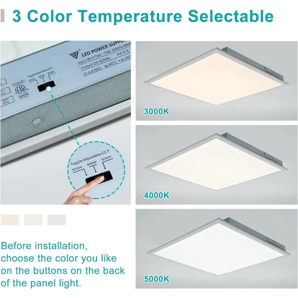 24-Pack 2x2 LED Flat Panel Light Drop Ceiling Fixture, 3CCT Selectable (3000K/4000K/5000K) & 40W 30W 20W Switchable