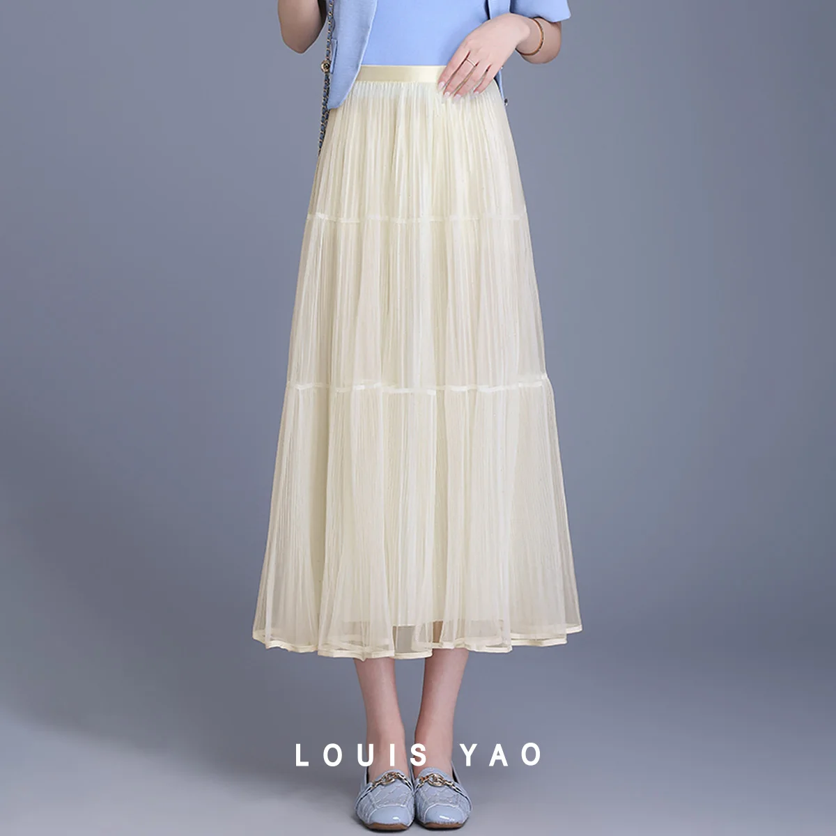 

LOUIS YAO Women's Mesh Half Skirt 2025 Summer elegant Casual Solid High Waist Elastic Waist Layered Design Long Women's Skirt