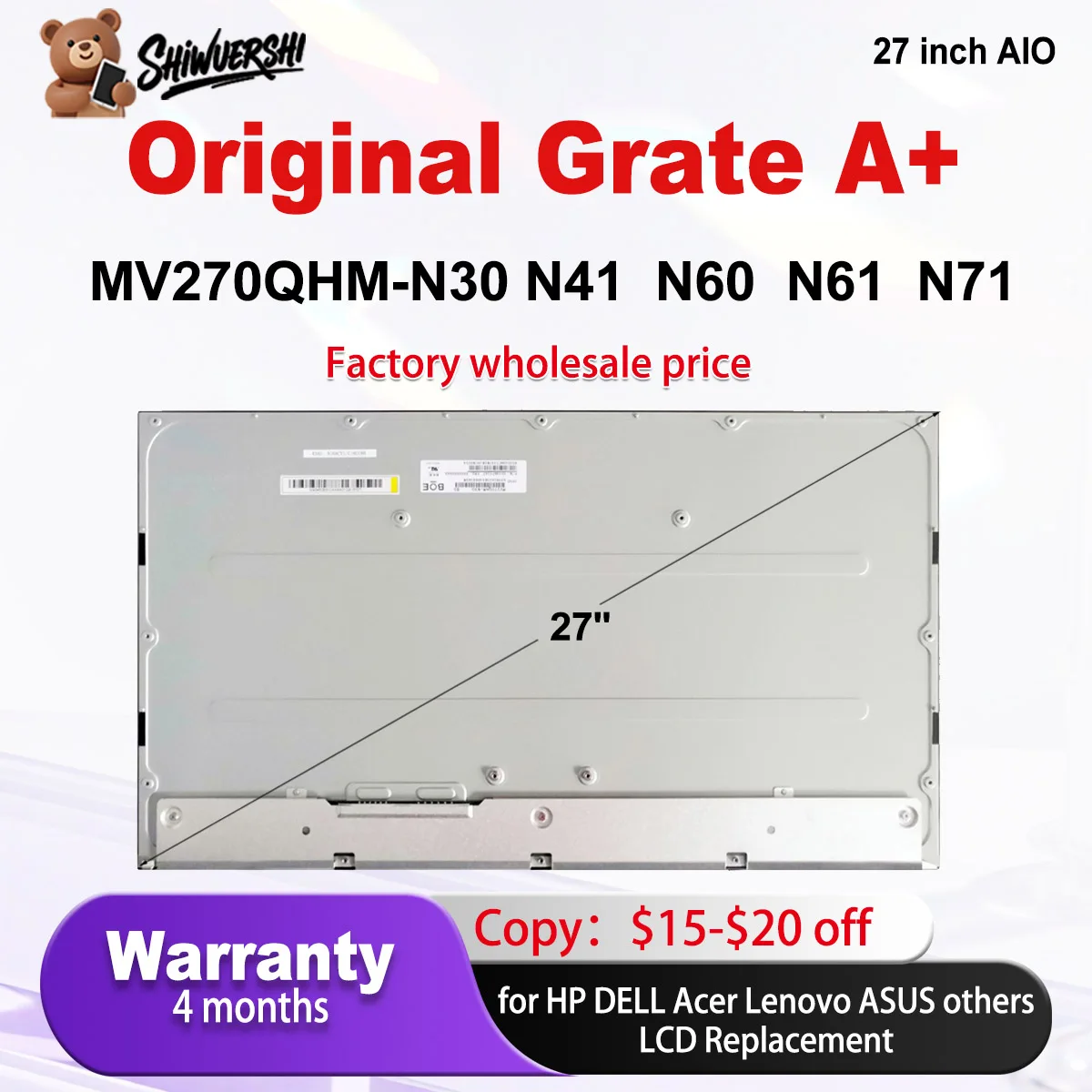 

Original new MV270QHM N30 N41 N60 N61 N71 27 inch IPS 92Pins For HP Lenovo Acer ASUS Dell AIO LCD Screen Display