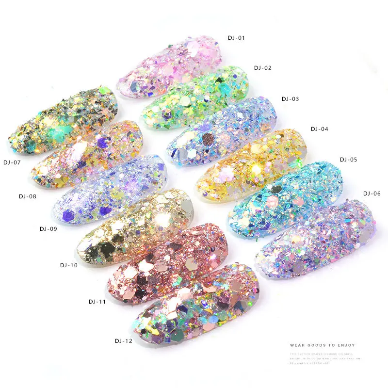 Nail Art 12 Color Light Change Scallion Powder Magic Color Glitter Glitter cambia colore Glitter Size Glitter per unghie all'ingrosso