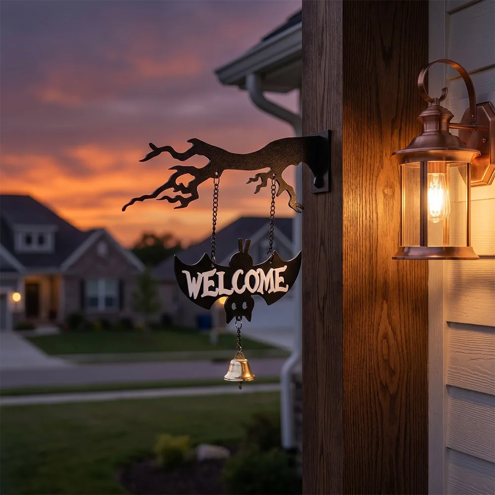 Wall Mounted Halloween Ghost Swinging Doorbell Sounding Acrylic Halloween Branches Hanging Sign No-drill Decorative
