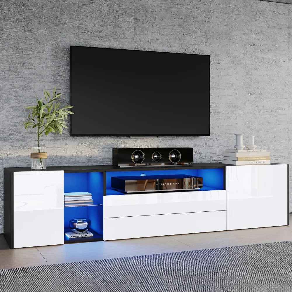 Hochglänzender LED-TV-Schrank mit niedrigem Profil – geteilter TV-Ständer in Schwarz und Weiß mit 2 Schubladen + 2 Schränken, passend für 75-Zoll-Fernseher