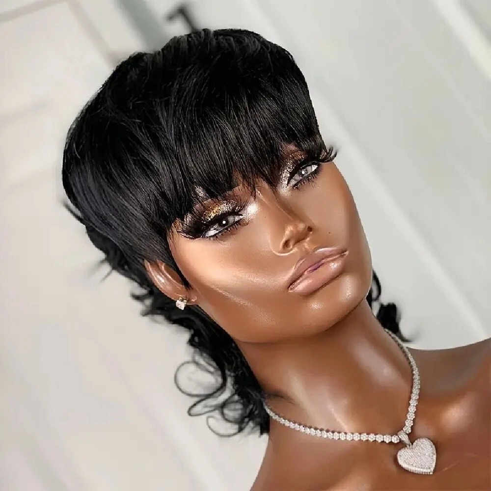 Dovetail Mullet Jerry Curly Brazilian Remy Human Hair Wig With Straight Bangs Short Pixie Cut Layered Full Machine Made Wigs