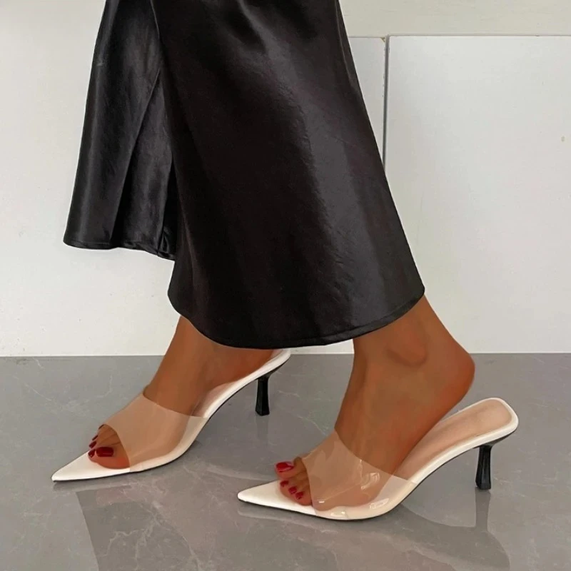 Summer PVC Transparent High Heel Women Slippers Fashion Open Toe Singbacks Mules Pumps Elegant Stripper Party Female Slides