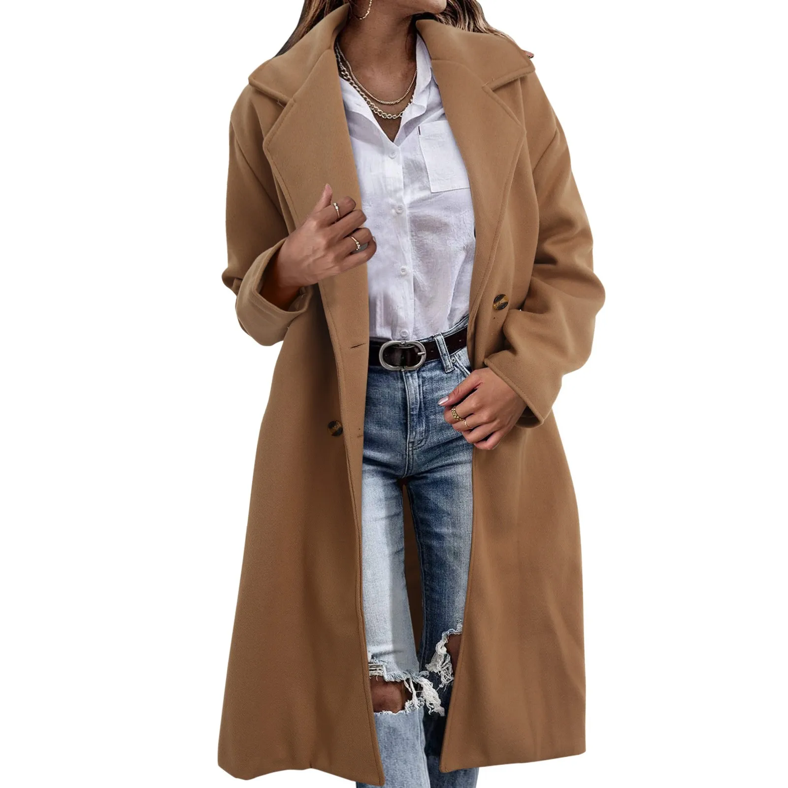 

Korean Double-Breasted Long Wool Blend Coat Winter Warm Jackets Khaki Basic Lapel Slim Windproof Outwear 2023 New Women Clothing