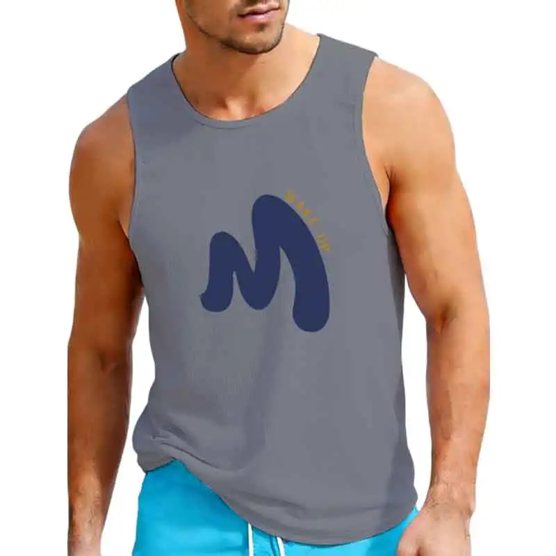 Men's Tank Tops WAKE UP Letter Print Sleeveless T-Shirts Summer Casual Gym Workout Vest White