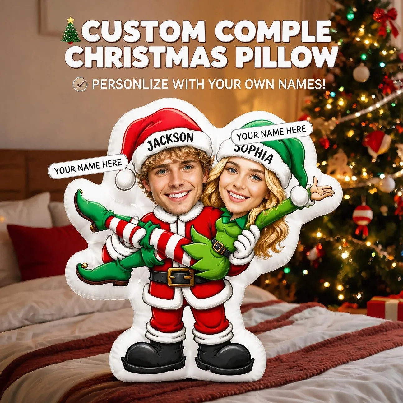 Custom Couple Photo Shaped Pillow, Personalized Christmas Elf Costume Decorative Cushion, Unique Home Decor Accent for Sofa & Be