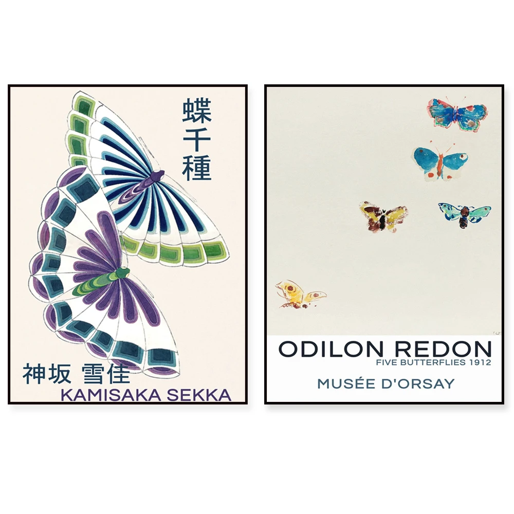 Masterpiece by Odilon Redon, print; Japanese retro butterfly-themed exhibition poster; Momoko Morimoto butterfly mural.